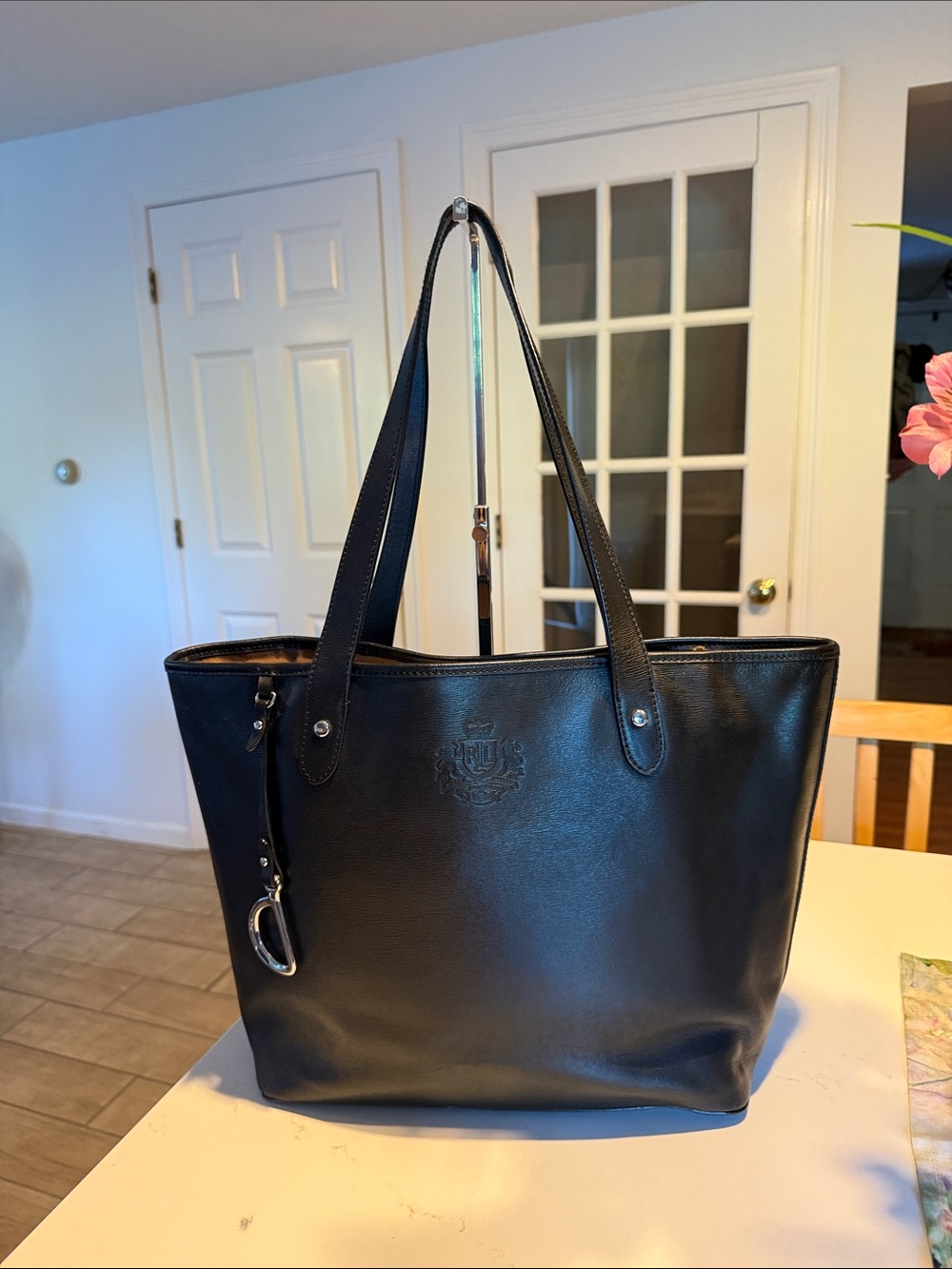 Lauren Ralph Lauren Black Leather Tote with Crest and Charm